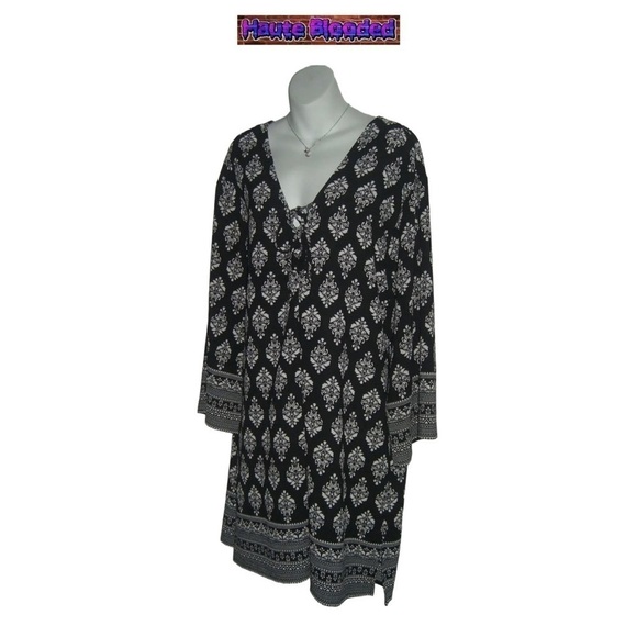 Pacific Beach Bohemian Shirt Dress Black & White Boho Print Tie Neck Plus Sz 3X - Picture 3 of 13